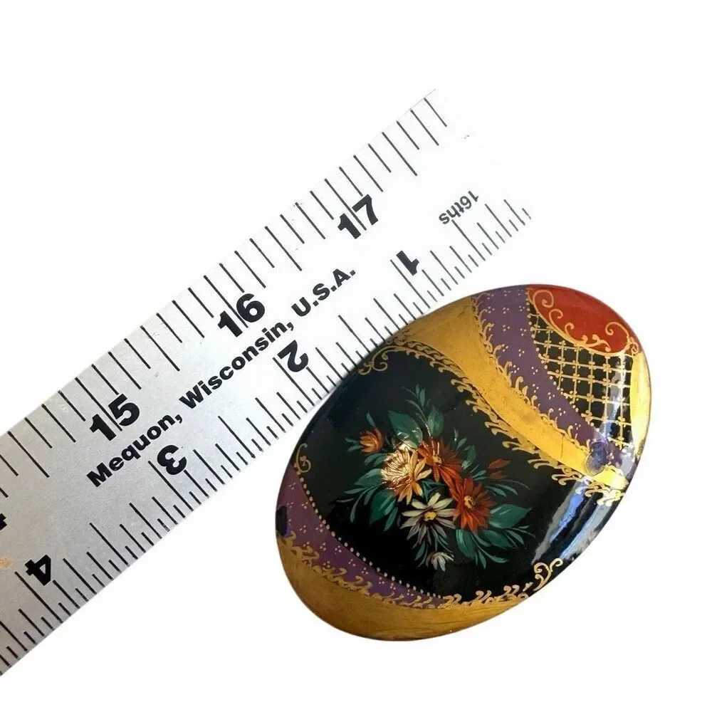 Hand Painted Russian Lacquer Style Floral Brooch